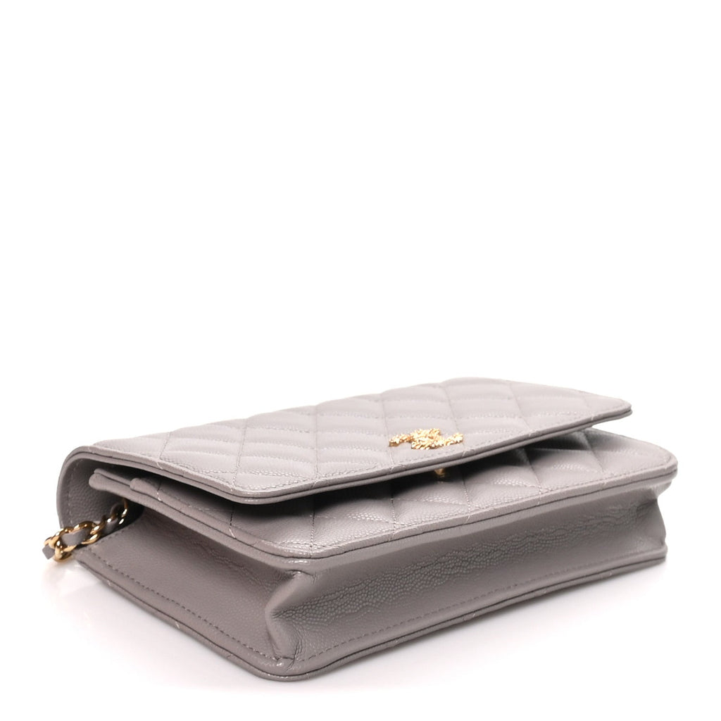 Grained Calfskin Quilted Strass CC Wallet On Chain WOC Dark Grey