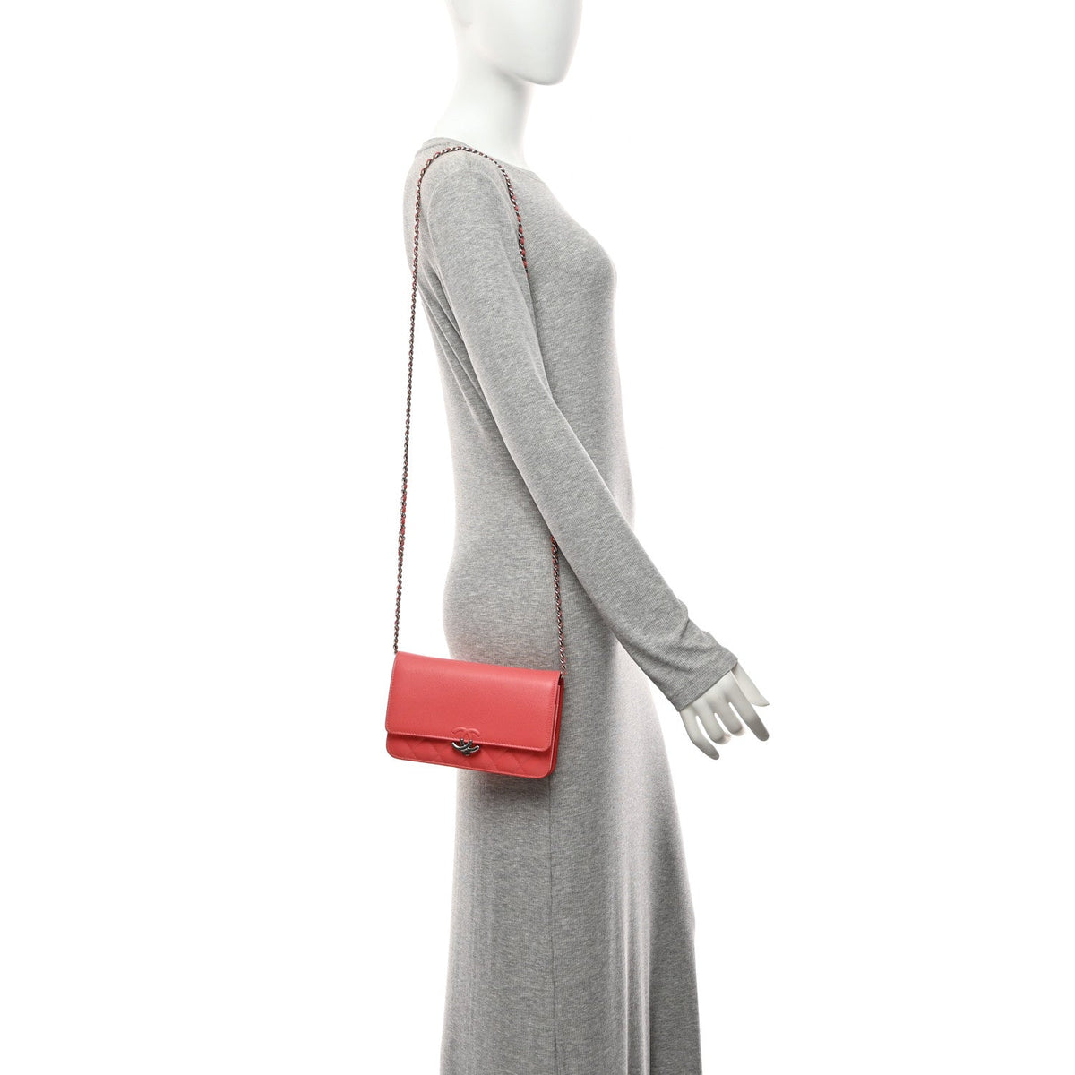 Grained Calfskin Quilted CC Box Wallet On Chain WOC Pink