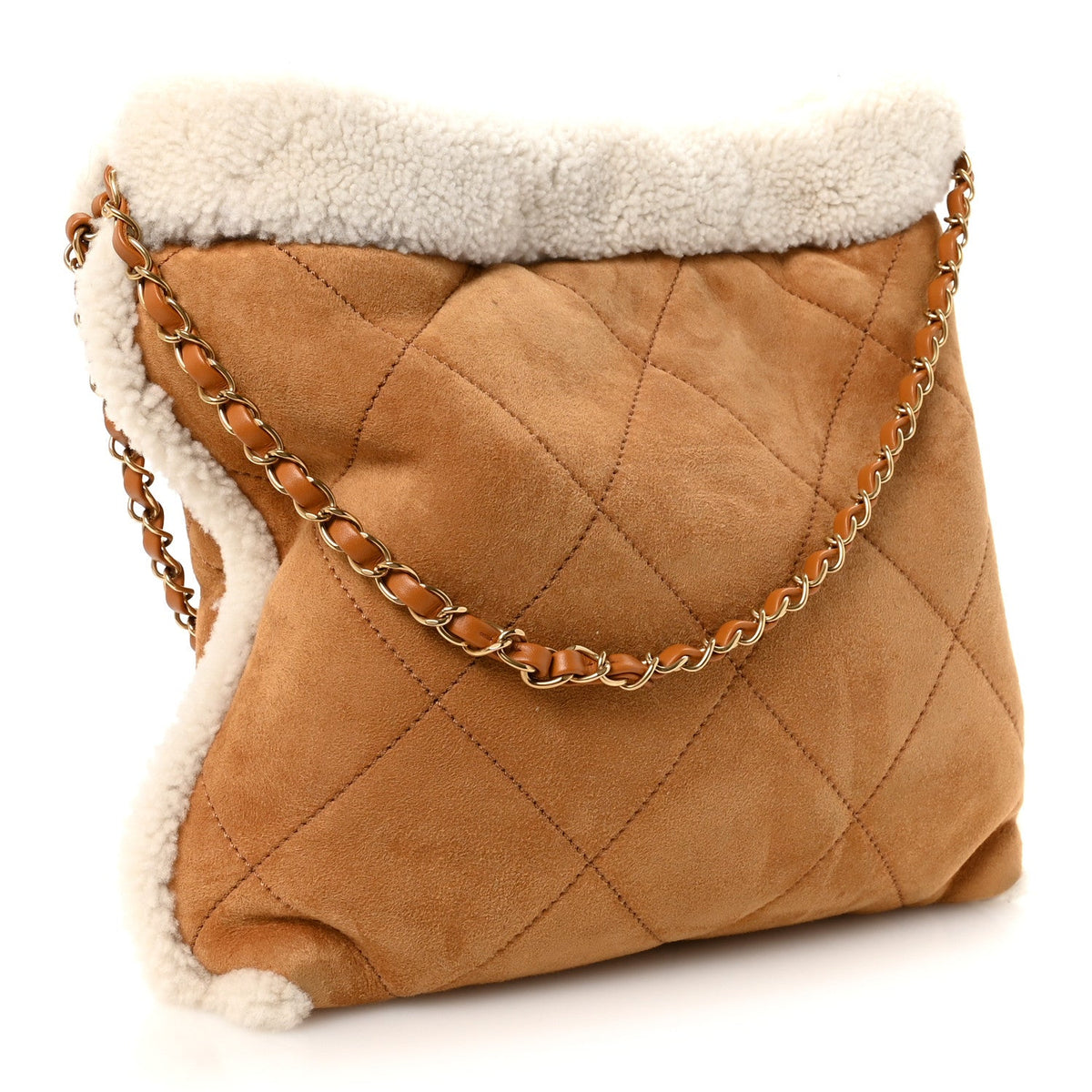 Suede Shearling Quilted Small Chanel 22 Brown White