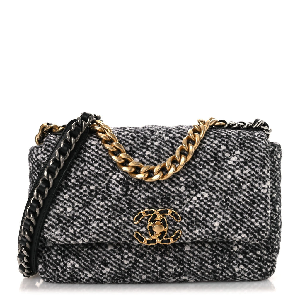 Tweed Quilted Medium Chanel 19 Flap Black White