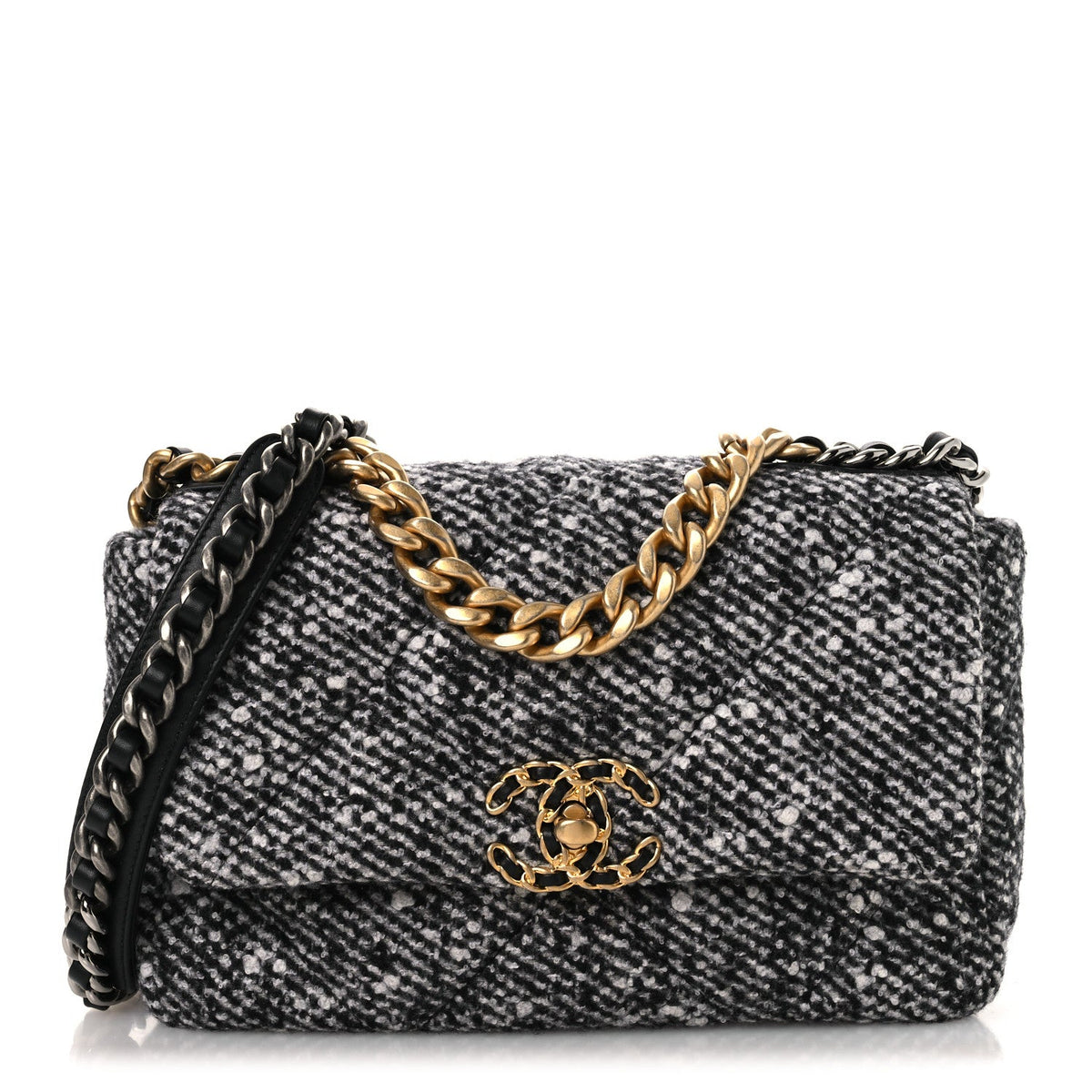 Tweed Quilted Medium Chanel 19 Flap Black White
