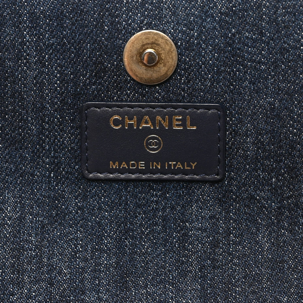 Denim Quilted Chanel 19 Flap Phone Holder With Chain Blue