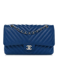 Caviar Chevron Quilted Medium Double Flap Blue