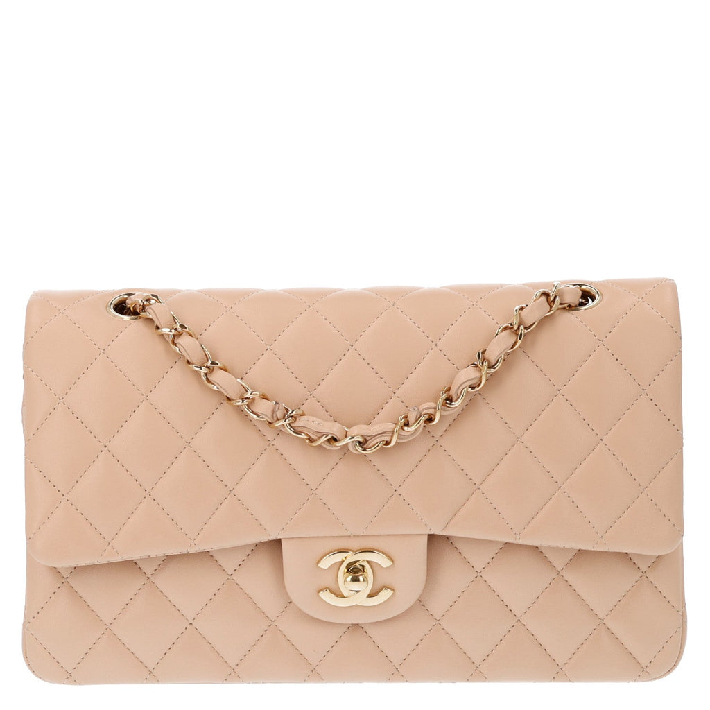 Lambskin Quilted Medium Double Flap Beige