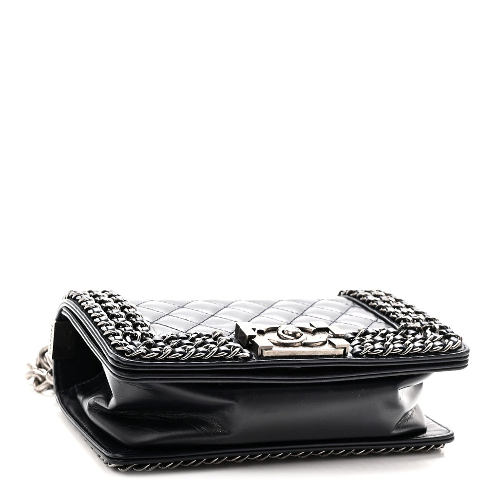 Glazed Calfskin Quilted Small Boy Chained Flap Navy