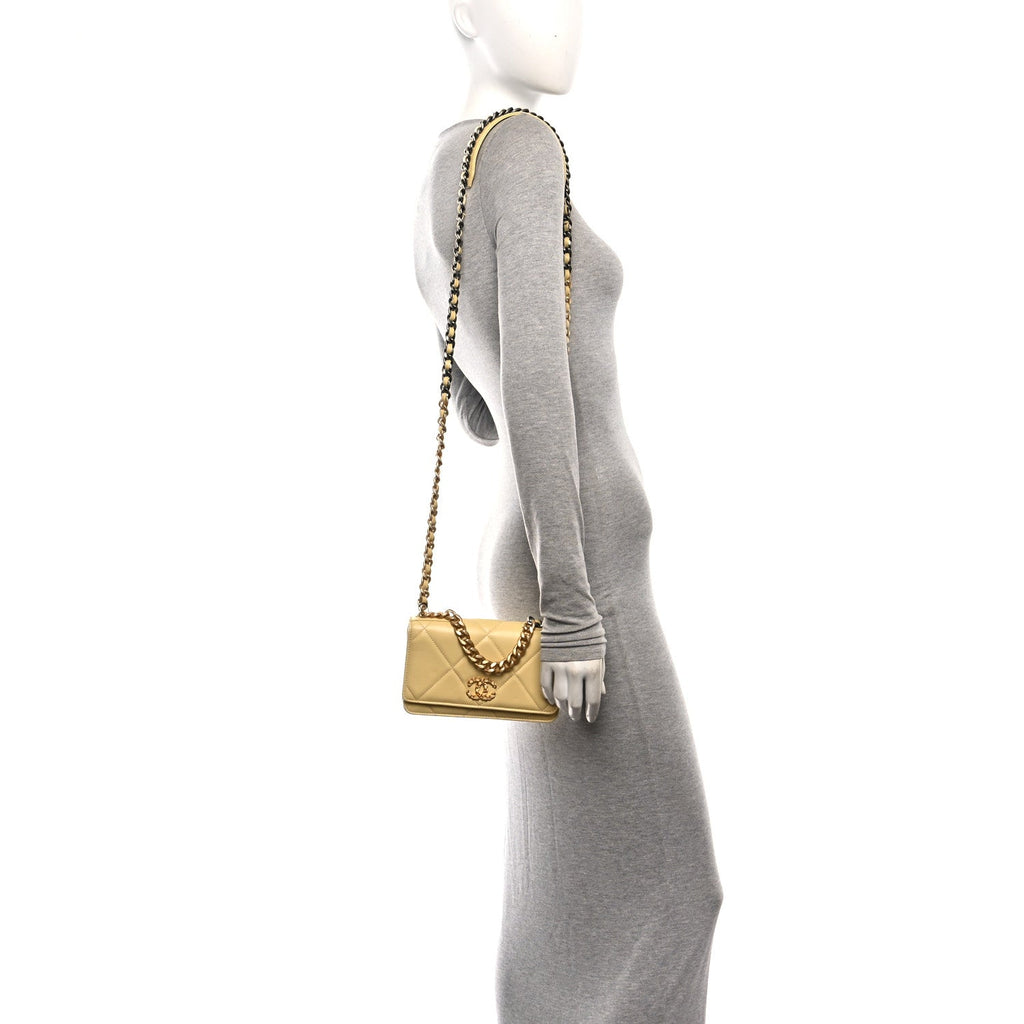 Lambskin Quilted Chanel 19 Wallet On Chain WOC Yellow