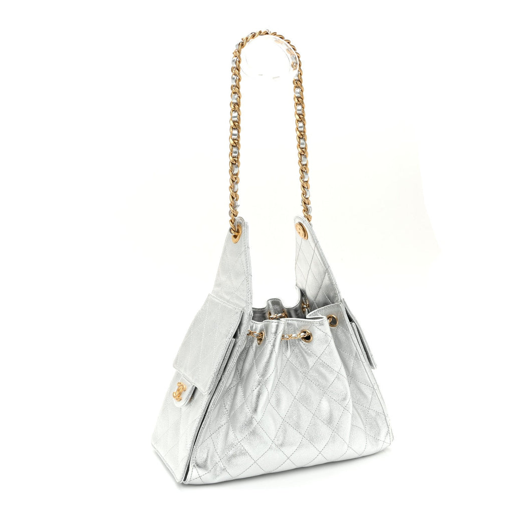 Metallic Caviar Quilted Small Chanel 25 Handbag Silver