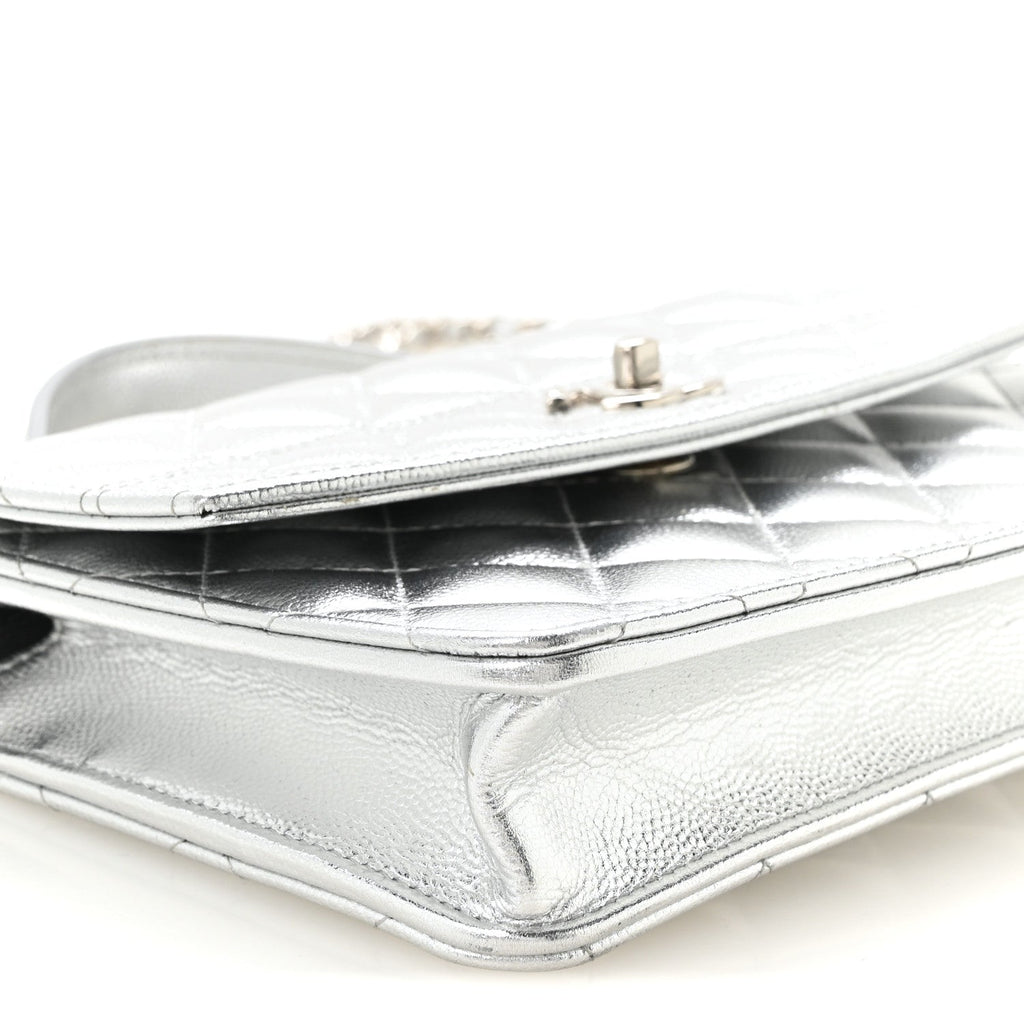 Metallic Caviar Quilted Top Handle Wallet on Chain WOC Silver
