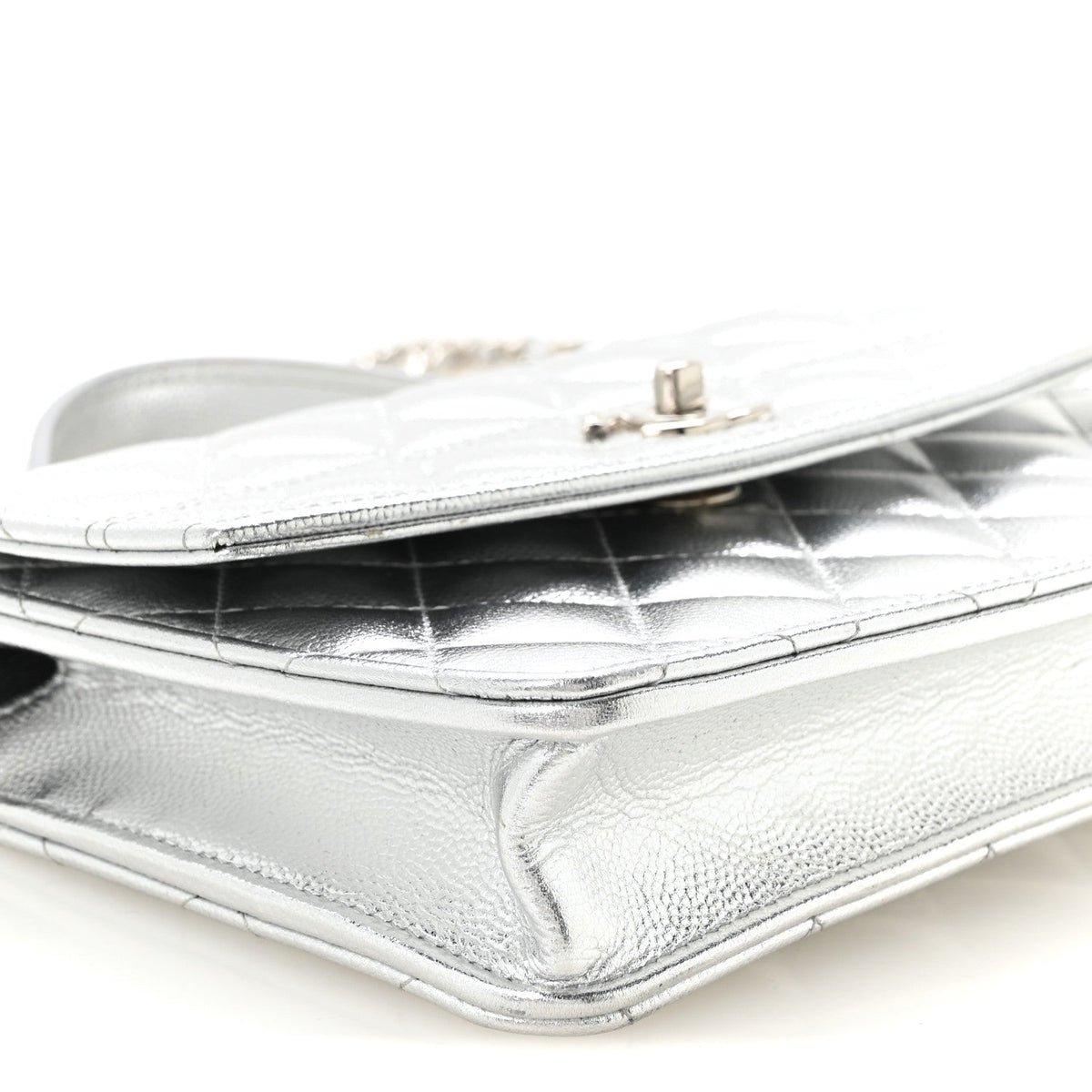 Metallic Caviar Quilted Top Handle Wallet on Chain WOC Silver