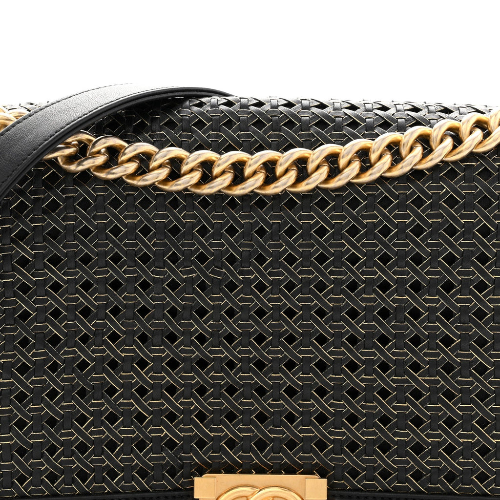Lambskin Braided Woven Medium Boy Flap Navy Black