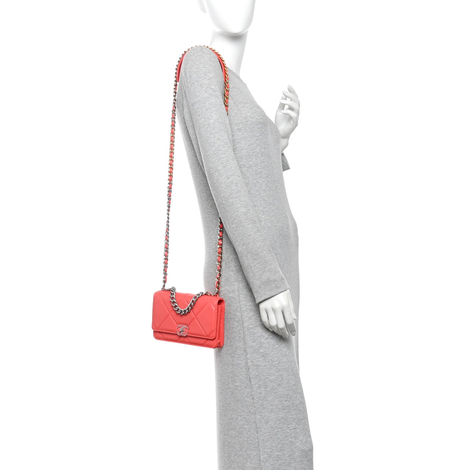 Lambskin Quilted Chanel 19 Wallet On Chain WOC Coral