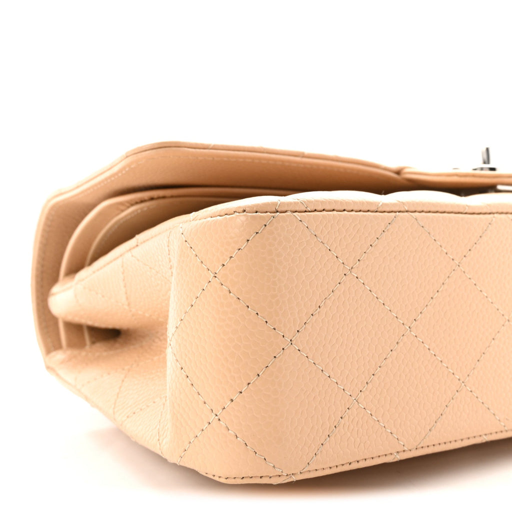 Caviar Quilted Medium Double Flap Beige