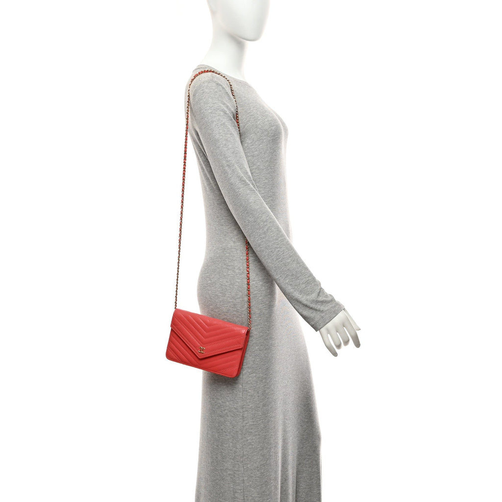 Shiny Goatskin Chevron Quilted Statement Wallet On Chain WOC Red