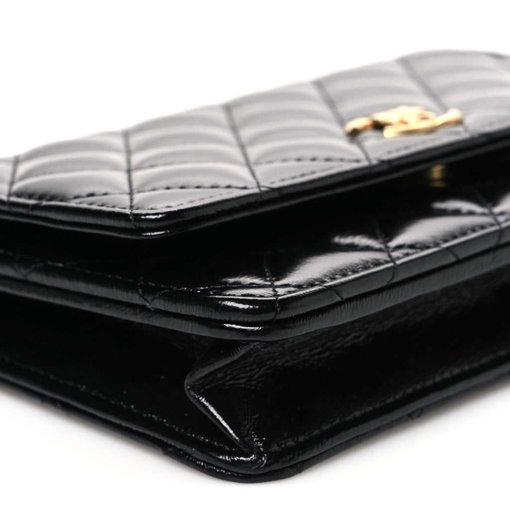 Shiny Lambskin Quilted CC Bow Wallet on Chain WOC Black