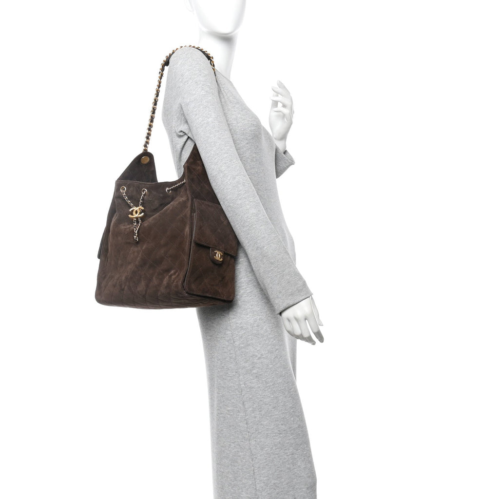 Suede Quilted Medium Chanel 25 Handbag Dark Brown