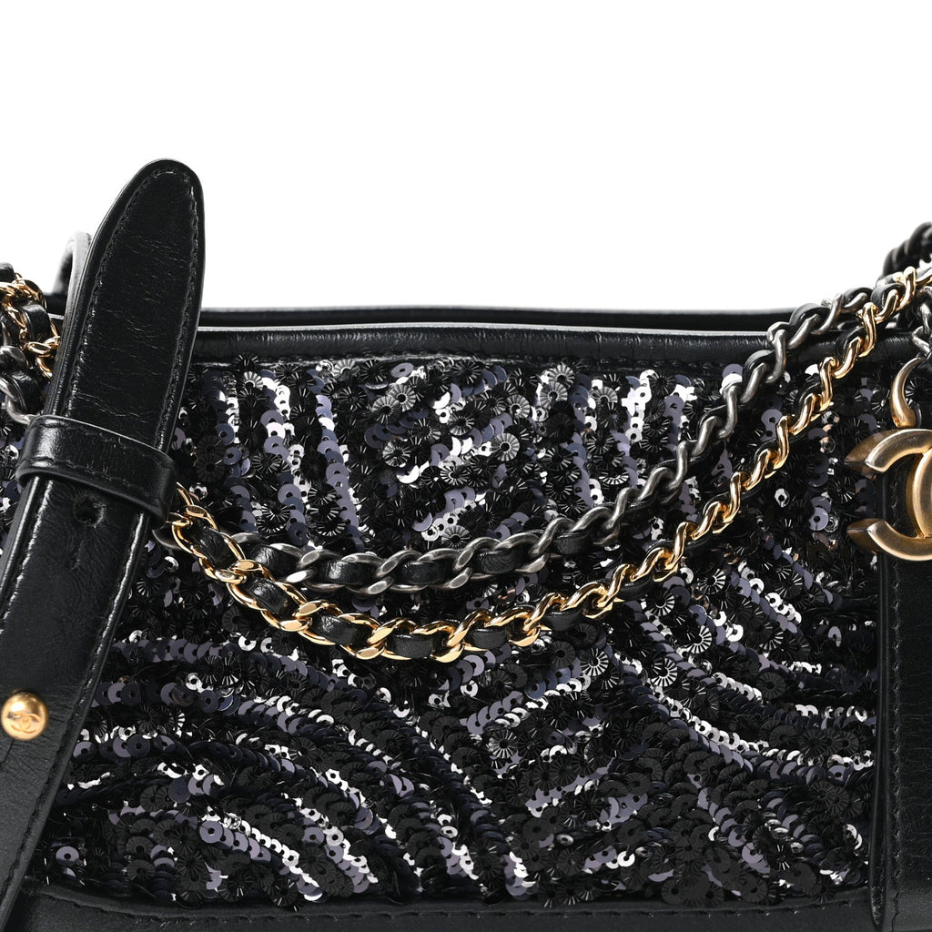 Sequin Calfskin Small Gabrielle Hobo Black Silver