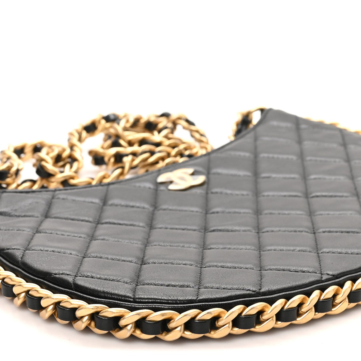 Shiny Crumpled Lambskin Quilted Large Trendy Chain Around Hobo Black