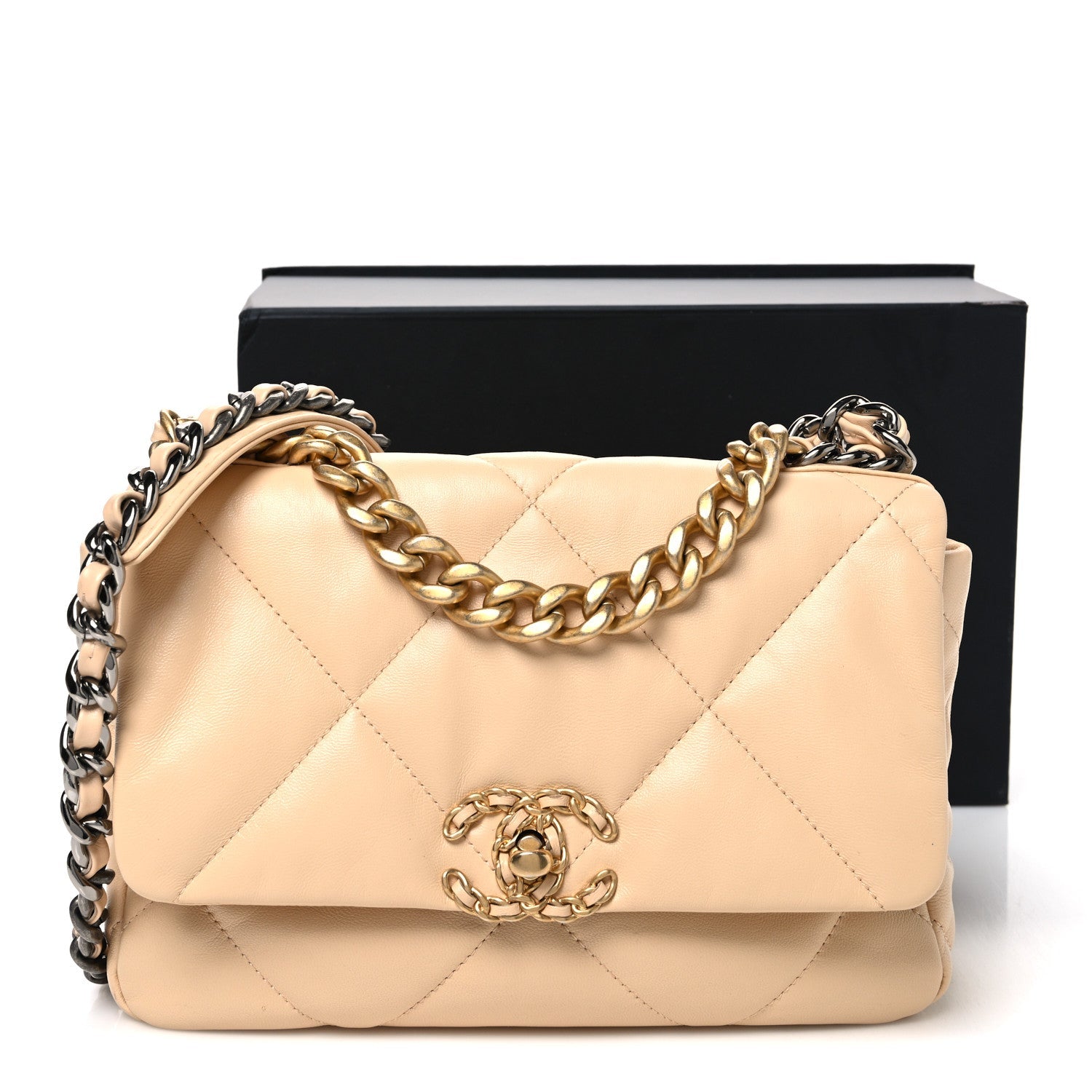 Goatskin Quilted Medium Chanel 19 Flap Beige