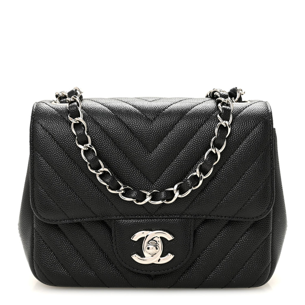 Caviar Chevron Quilted Mini Square Flap Black