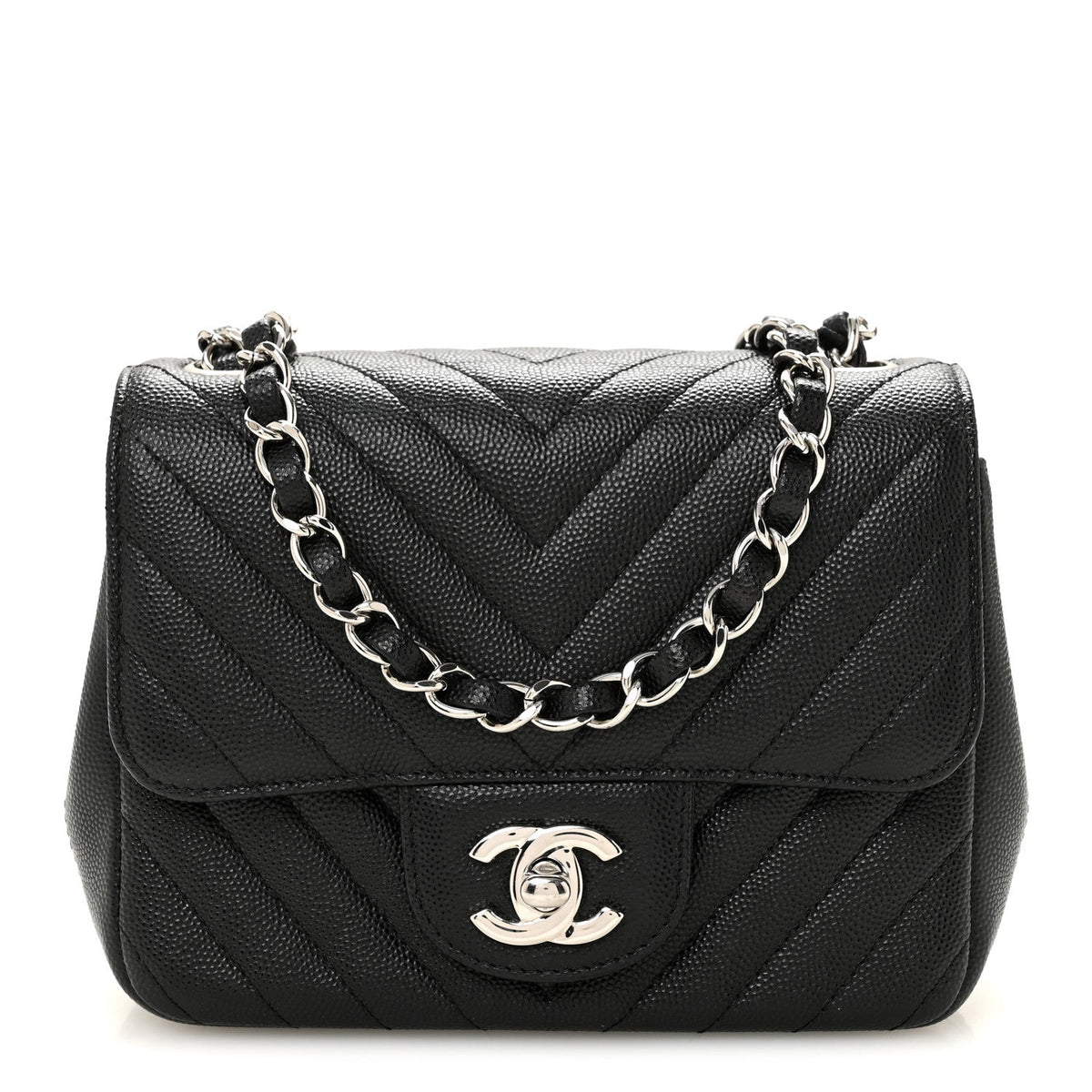 Caviar Chevron Quilted Mini Square Flap Black
