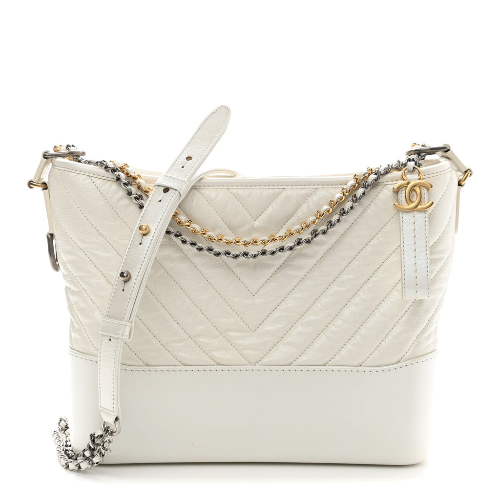 Aged Calfskin Chevron Quilted Medium Gabrielle Hobo White