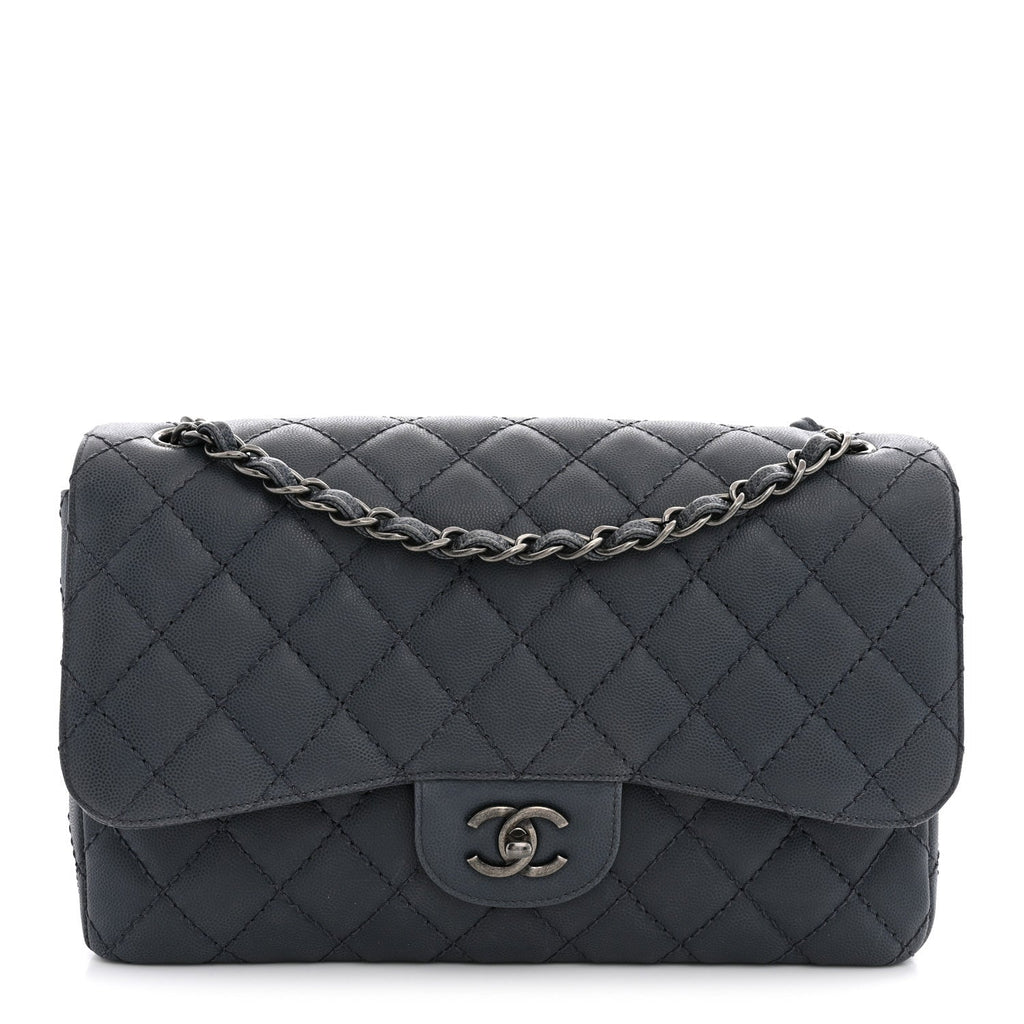 Washed Caviar Quilted Jumbo Double Flap Dark Grey