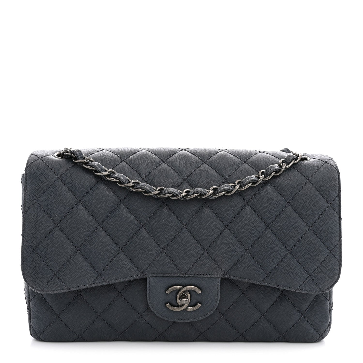Washed Caviar Quilted Jumbo Double Flap Dark Grey