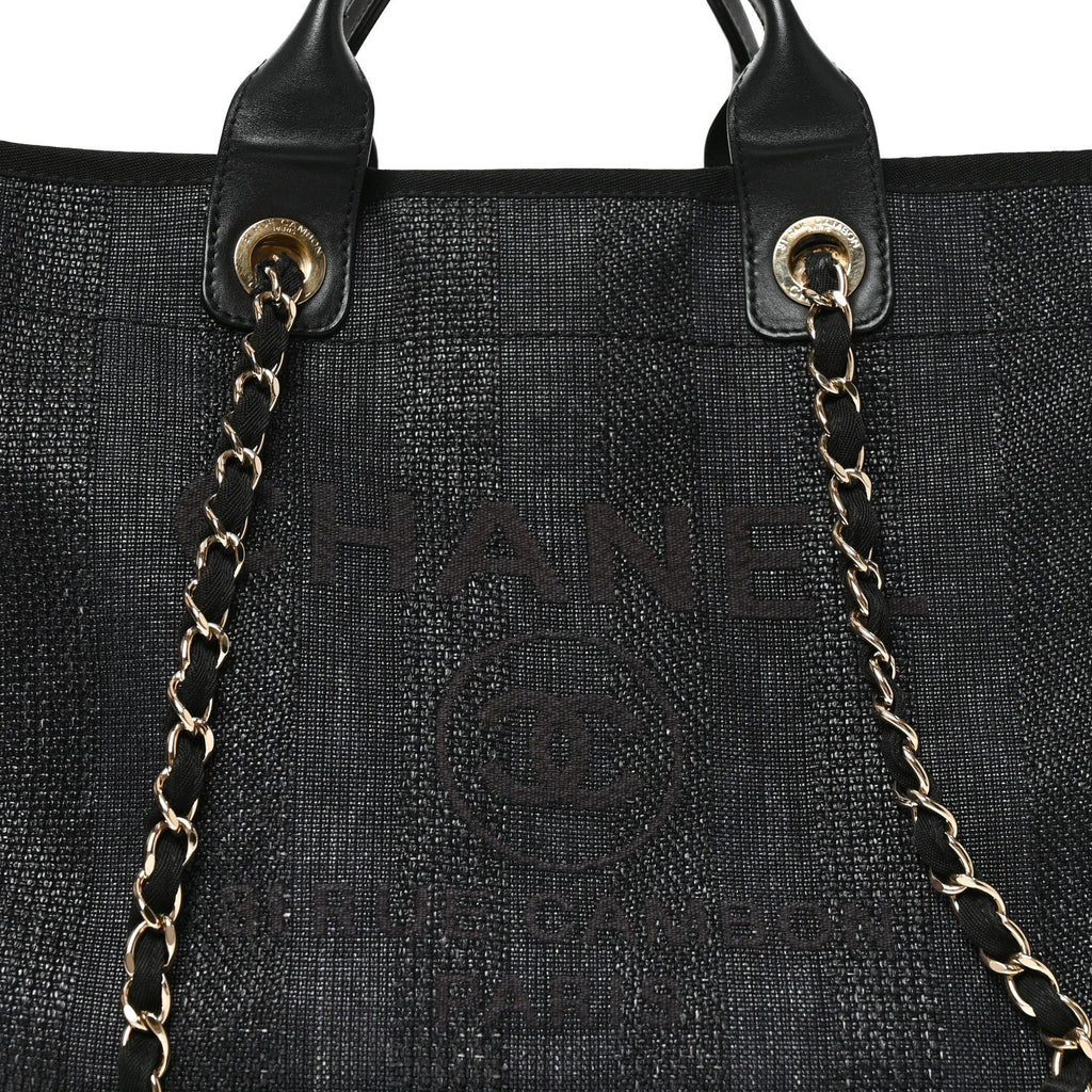 Mixed Fibers Calfskin Striped Medium Deauville Tote Black