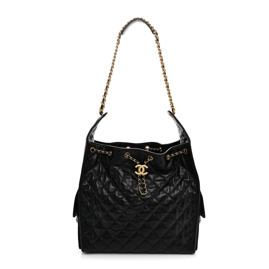 Shiny Crumpled Calfskin Quilted Medium Chanel 25 Handbag Black