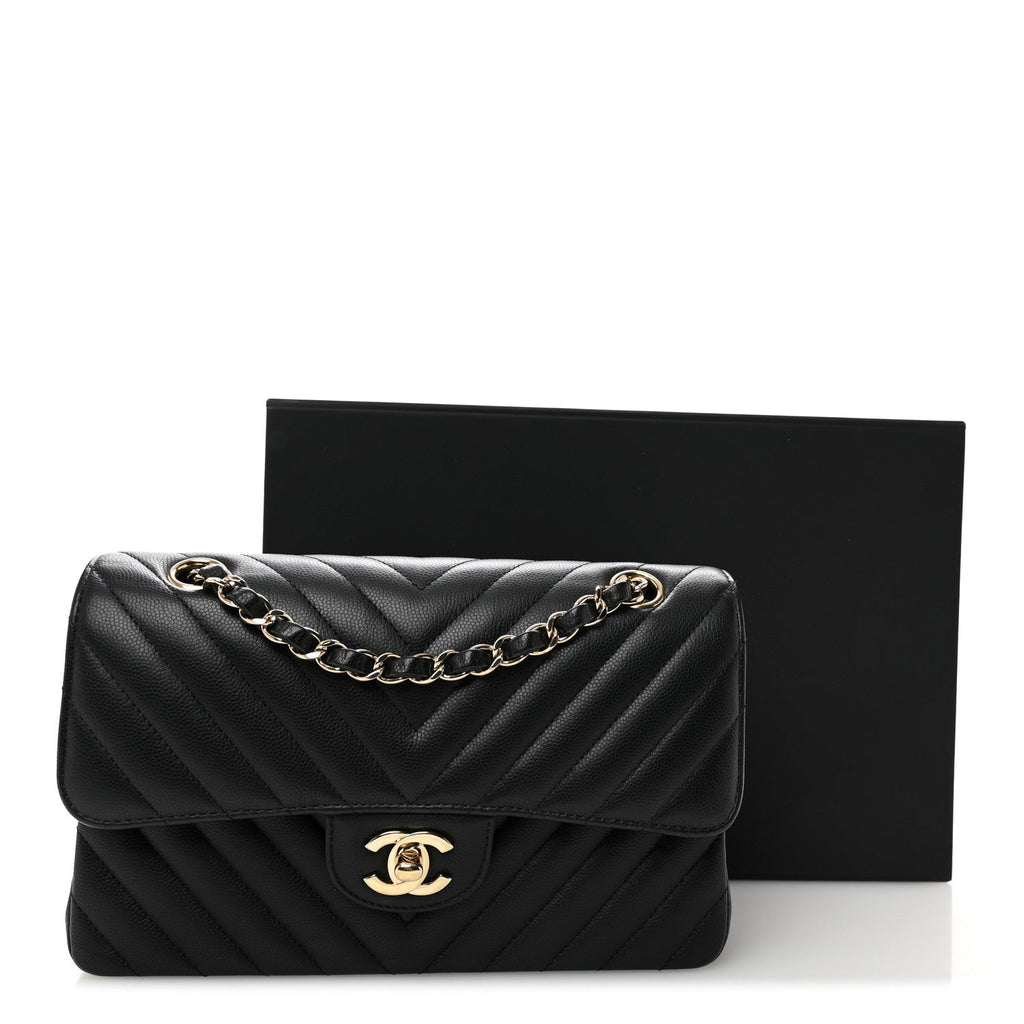 Caviar Flat Chevron Quilted Small Double Flap Black