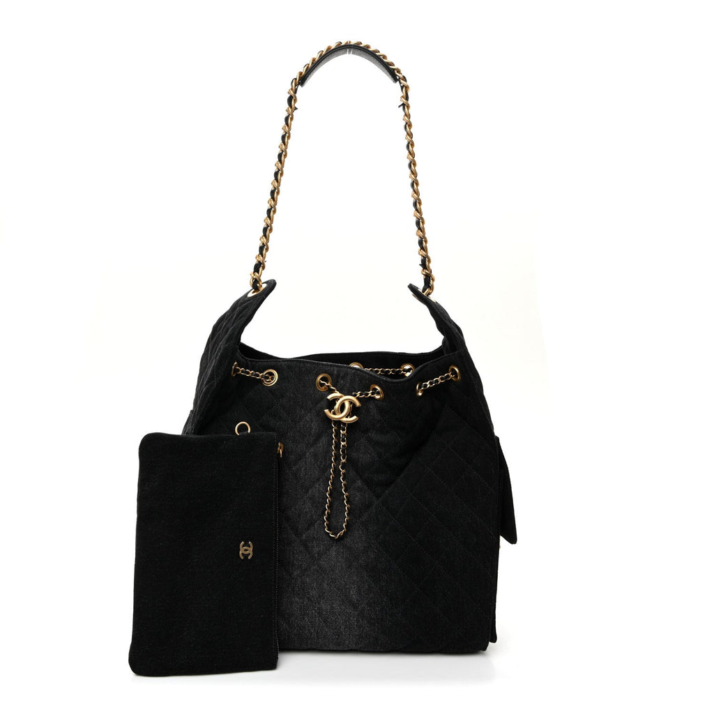 Washed Denim Quilted Medium Chanel 25 Handbag Black