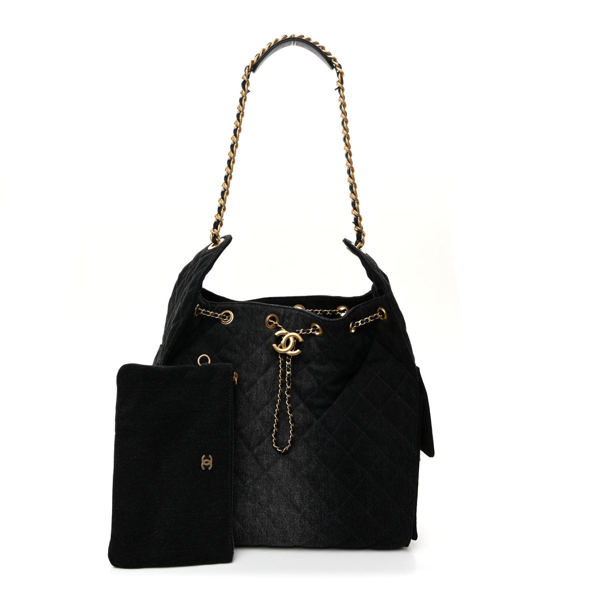 Washed Denim Quilted Medium Chanel 25 Handbag Black