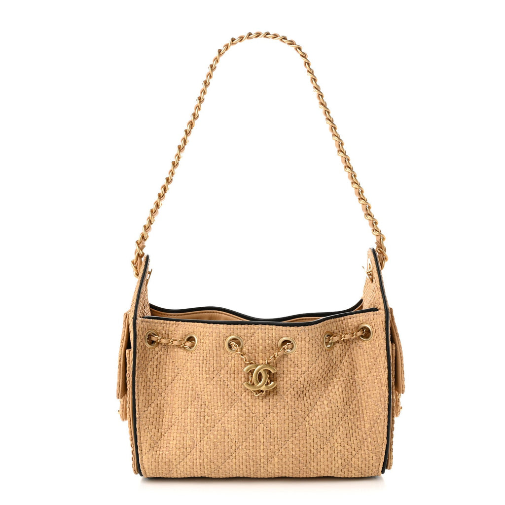 Braided Raffia Calfskin Quilted Mini Chanel 25 Handbag Beige Black