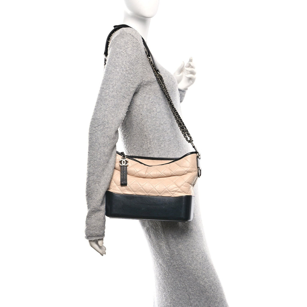 Aged Calfskin Quilted Medium Gabrielle Hobo Beige Black