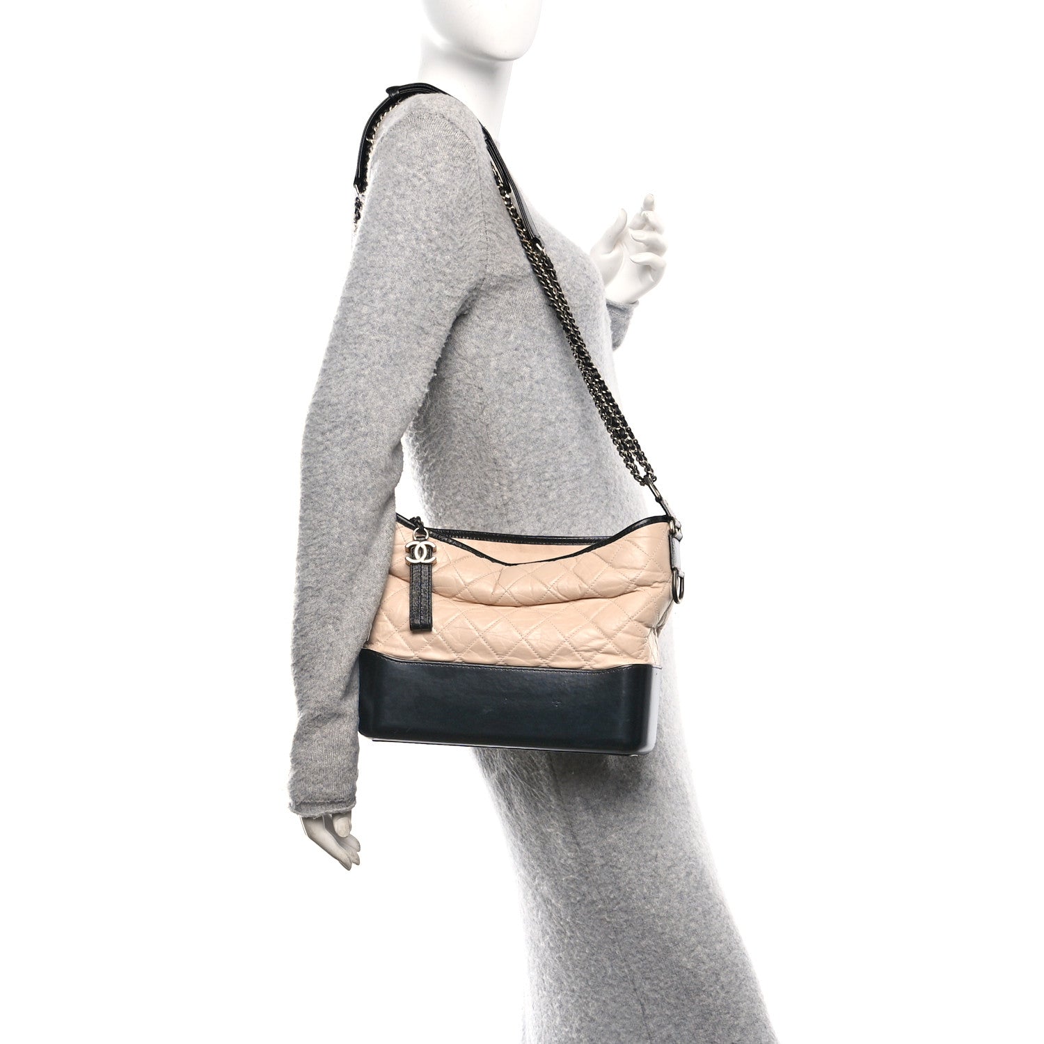 Aged Calfskin Quilted Medium Gabrielle Hobo Beige Black
