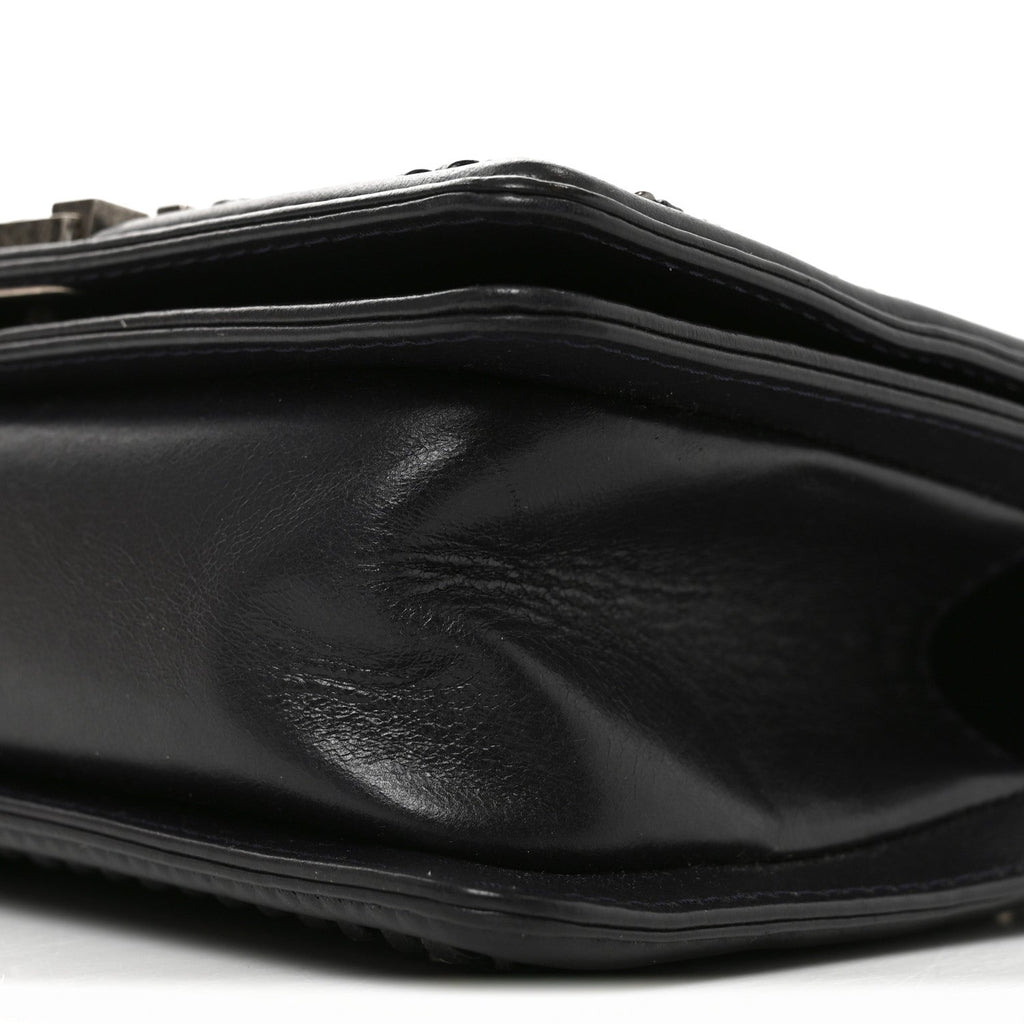 Shiny Goatskin Quilted Small Boy Top Handle Flap Navy Blue