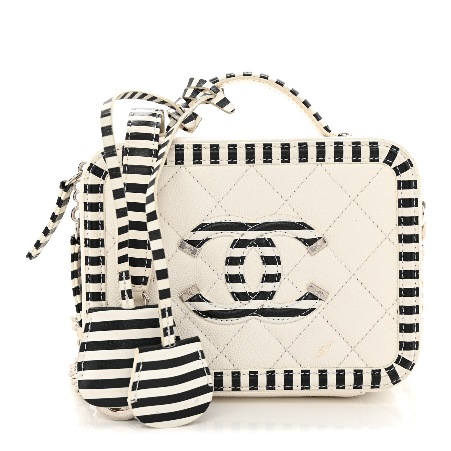 Caviar Quilted Striped Small CC Filigree Vanity Case White Black