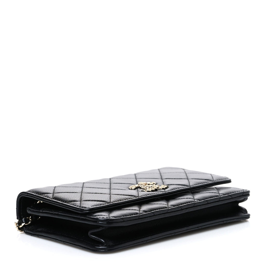 Lambskin Quilted Crystal CC Wallet On Chain WOC Black