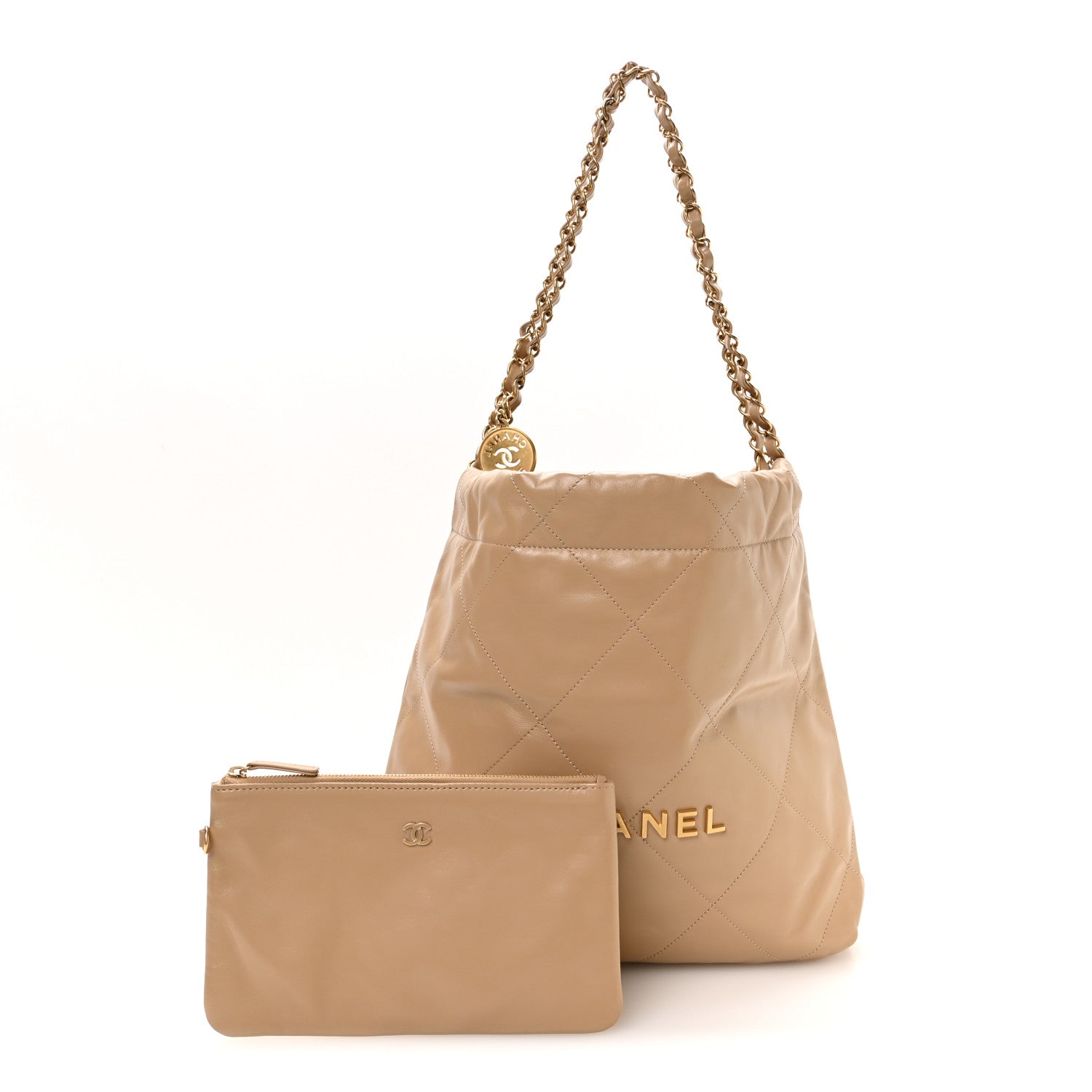 Shiny Calfskin Quilted Small Chanel 22 Beige