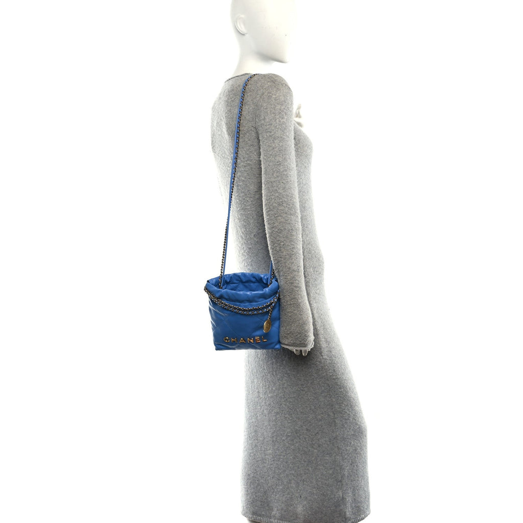 Shiny Calfskin Quilted Mini Chanel 22 Blue