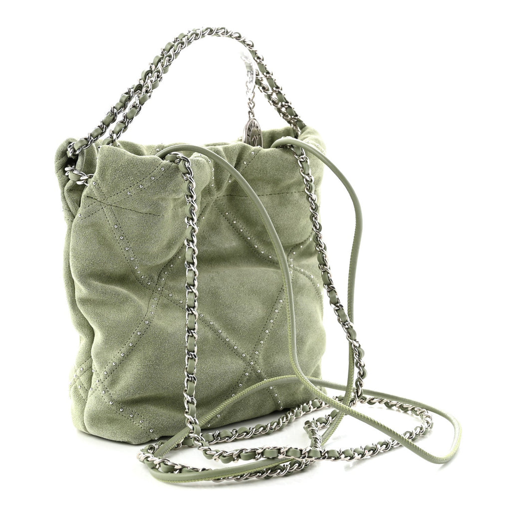 Suede Stitched Quilted Studded Mini Chanel 22 Light Green