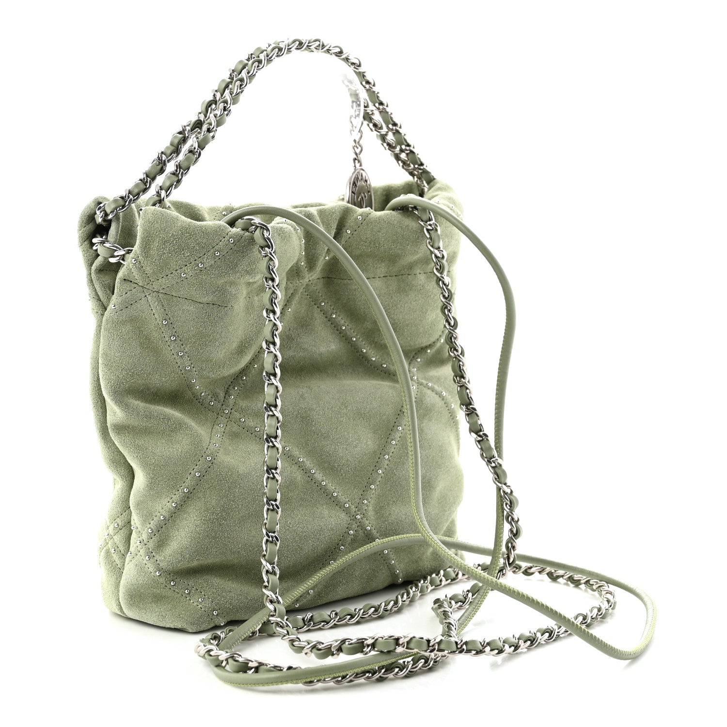 Suede Stitched Quilted Studded Mini Chanel 22 Light Green