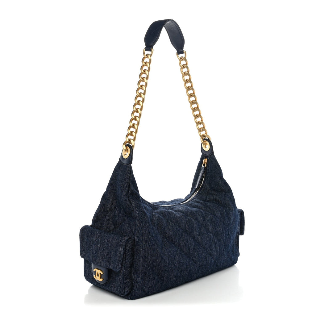 Washed Denim Quilted Maxi Trendy Pockets Hobo Dark Blue