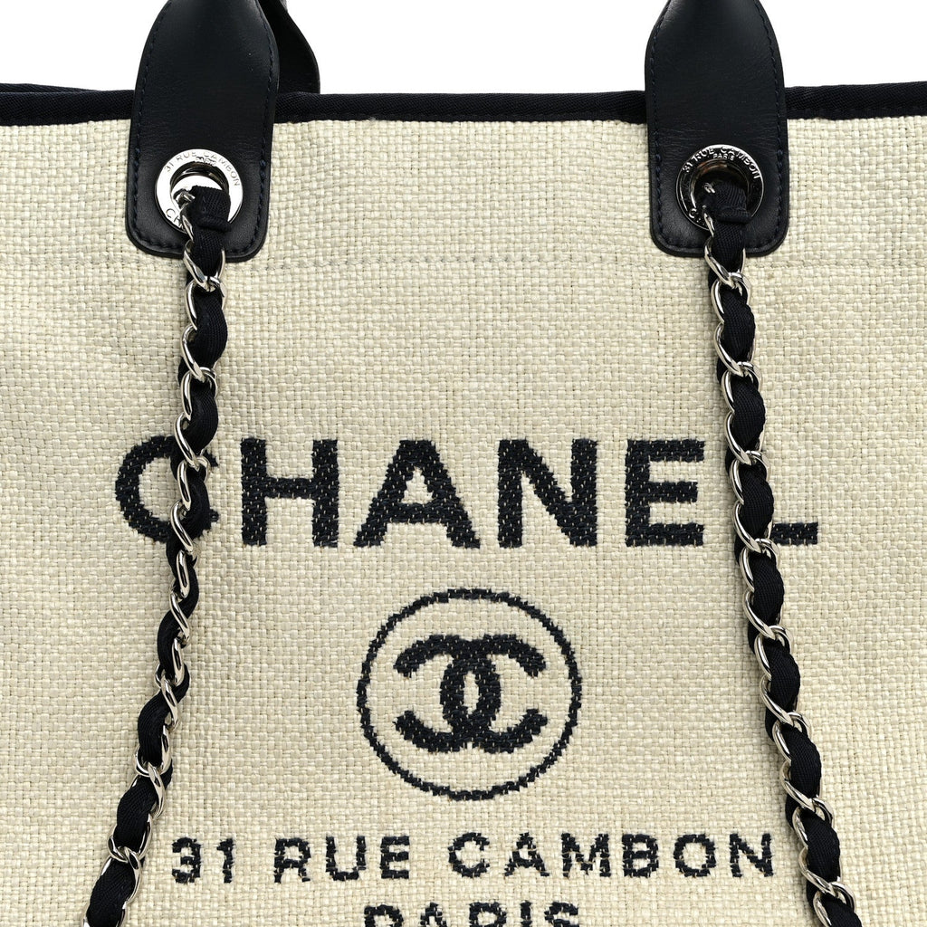 Woven Straw Raffia Medium Deauville Tote White Navy