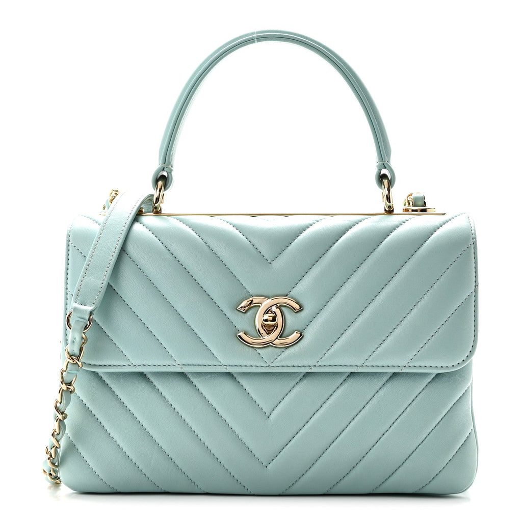 Lambskin Chevron Quilted Small Trendy CC Flap Dual Handle Bag Light Blue