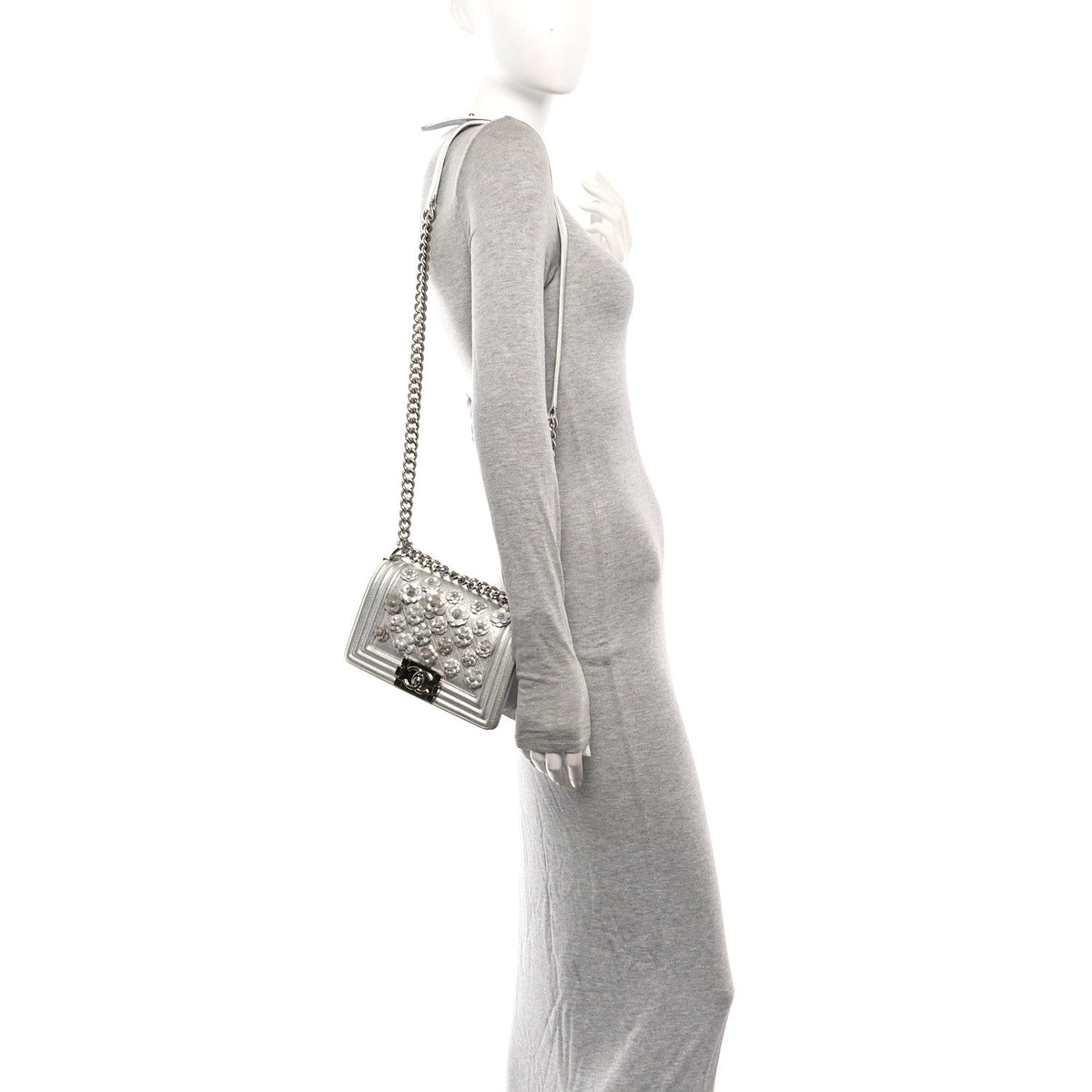Metallic Calfskin Camellia Quilted Small Boy Flap Silver