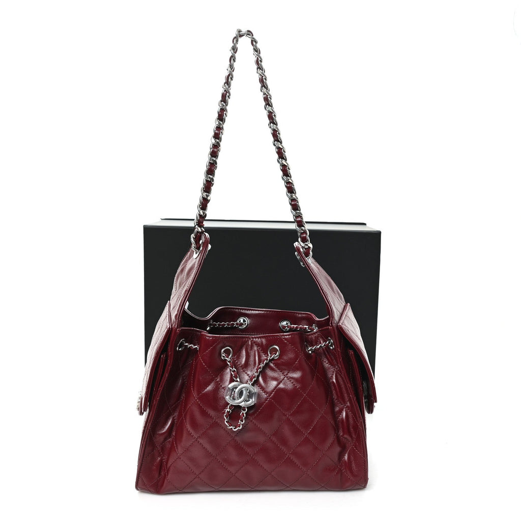Shiny Crumpled Calfskin Quilted Small Chanel 25 Handbag Burgundy