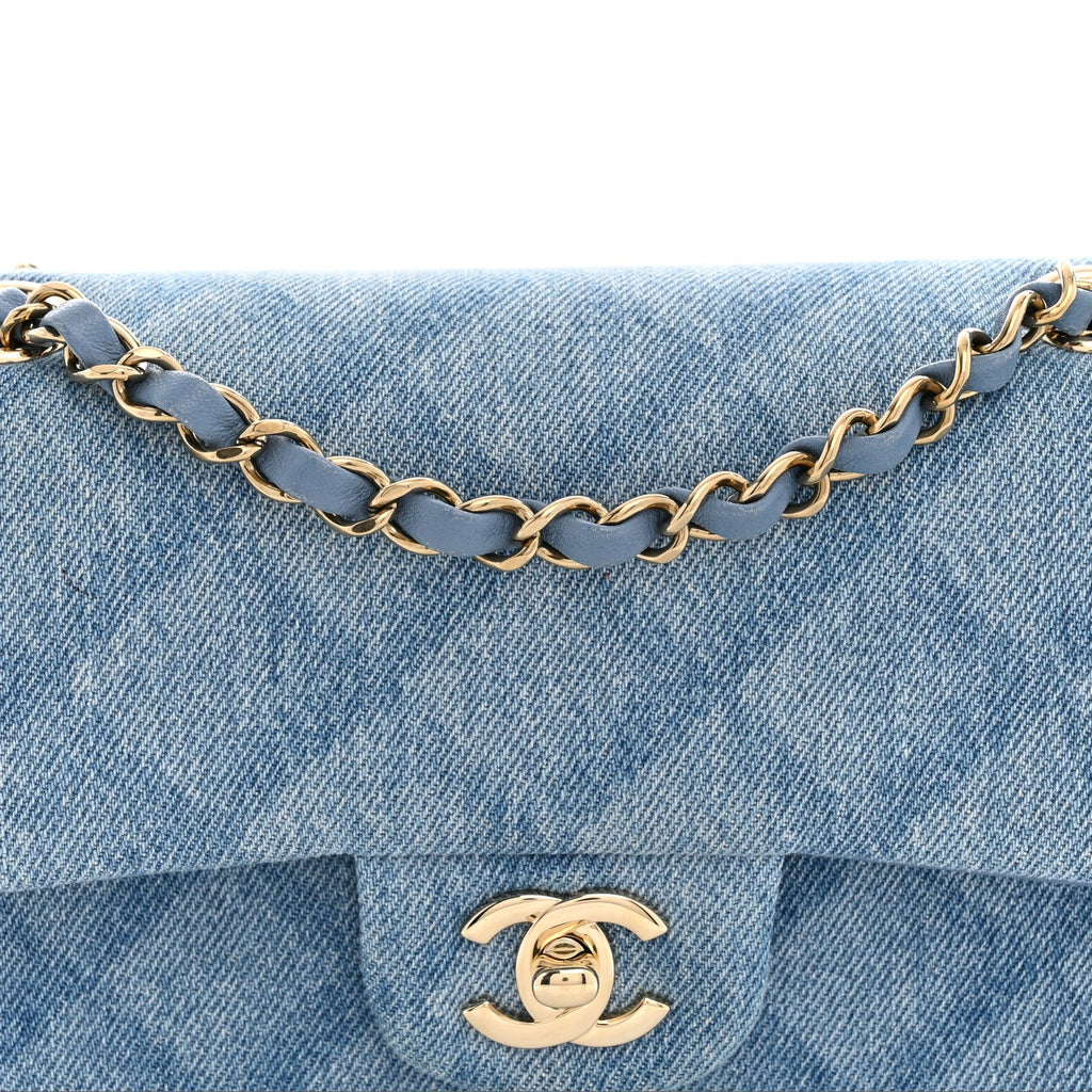 Printed Denim Quilted Small Double Flap Light Blue
