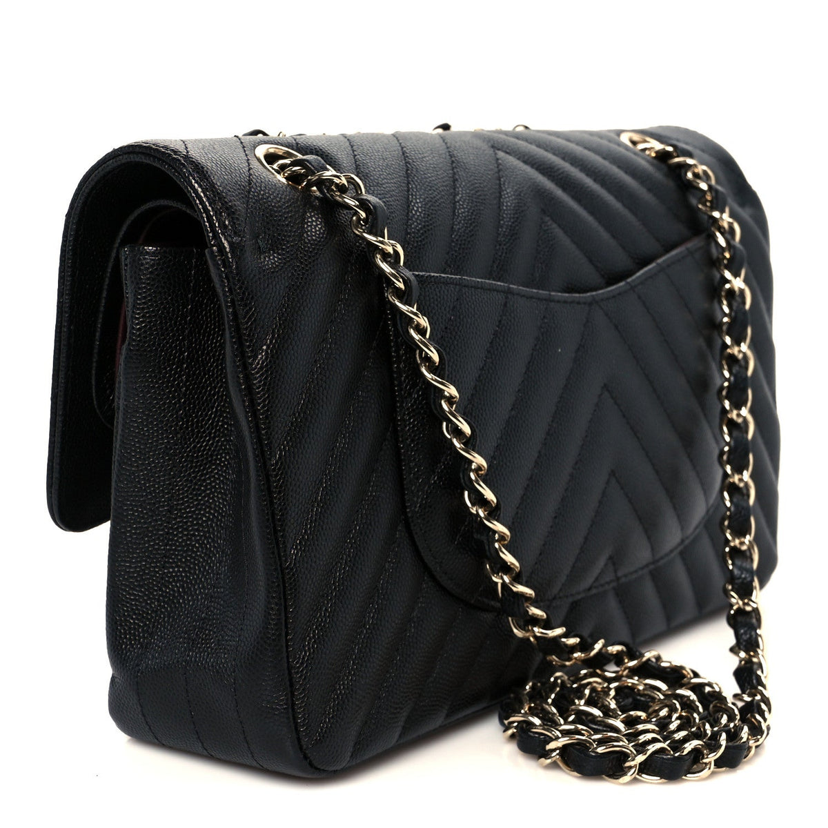 Caviar Chevron Quilted Medium Double Flap Black
