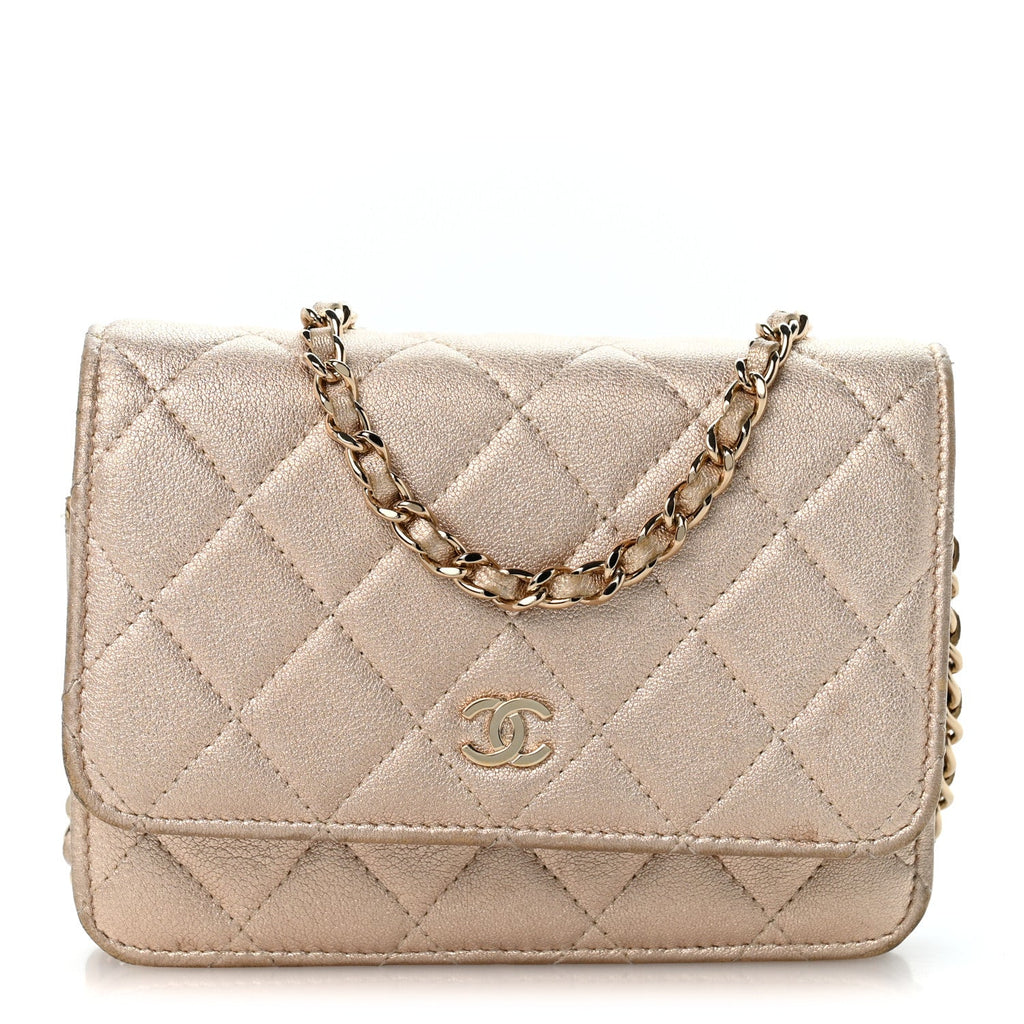 Metallic Lambskin Quilted Mini Wallet On Chain WOC Gold